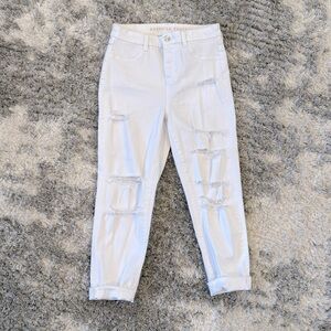 American Eagle White High Waisted Ripped Cuffed Jeans
